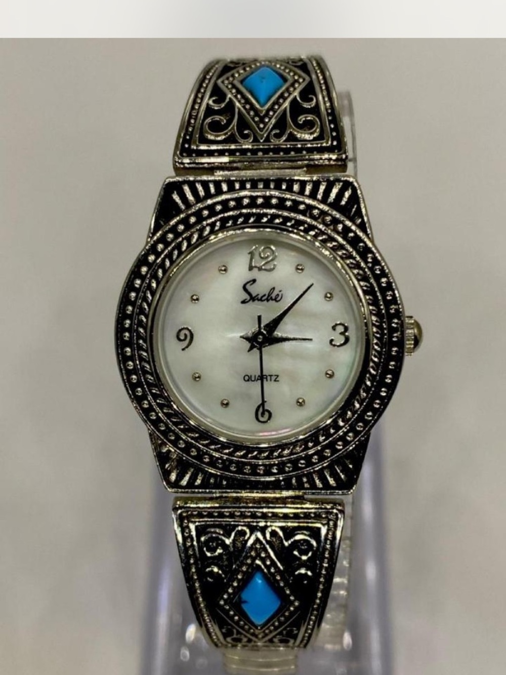 Southwestern ^^^ Designer ***  Silver-Tone Turquoise Accent Bracelet Watch ^^^